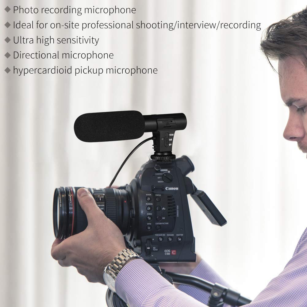Onewer Microfono per fotocamera, Microfono per registrazione video shotory Microfono per videocamera ipercardioide esterna per videocamera Nikon Canon DSLR Camera/DV