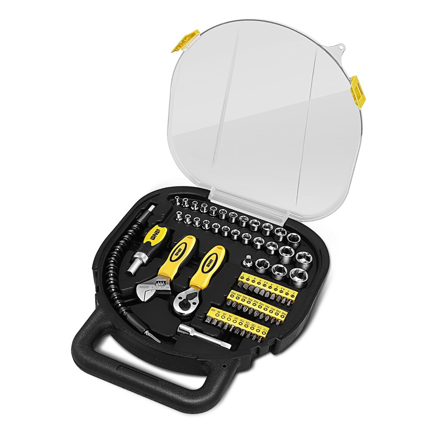 DNA Motoring TOOLS-00027 - Juego de 64 herramientas de extracción de sujetadores pequeños, puntas de destornillador + trinquete + enchufes amarillos