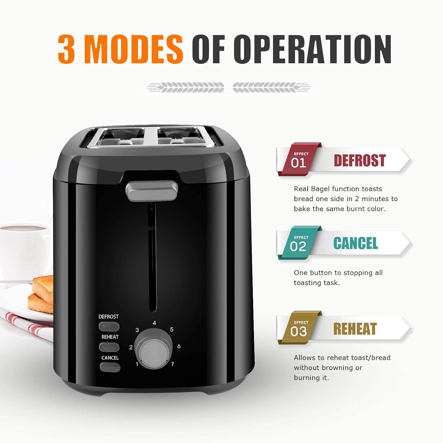 Toaster 2 Slice Extra-Wide Slot, Bonsenkitchen Toaster with 7 Browning Settings, Defrost/Reheat/Cancel Functions, Toast Boost, Auto Shutoff, Removable Crumb Tray, 800W ,Black