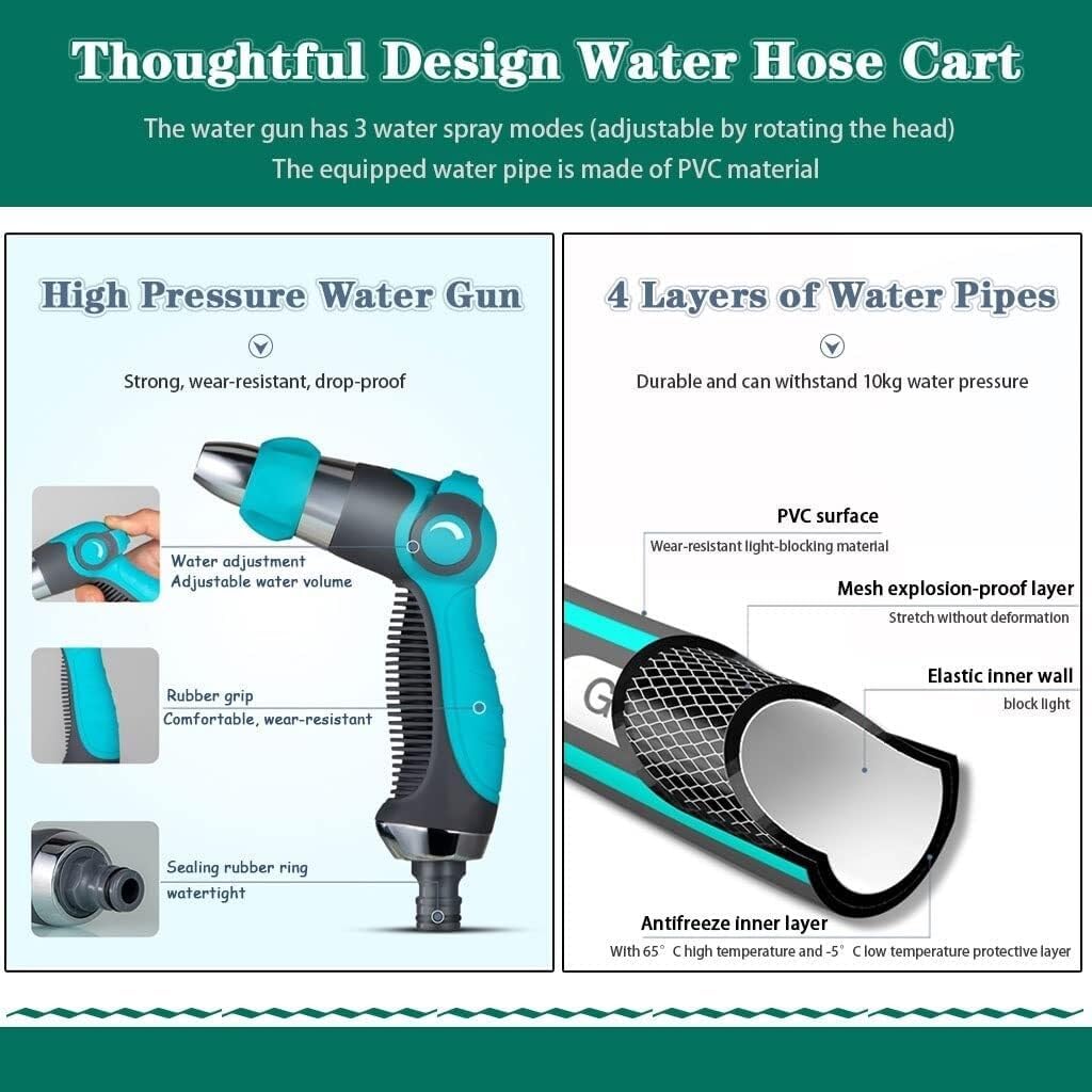 Portable Hose Reel Cart with 30m PVC Water Pipe, Wall-Mounted & Floor Use Garden Hose Organizer, Adjustable Water Gun, Easy Assembly(Hose Cart+25m Pipe)