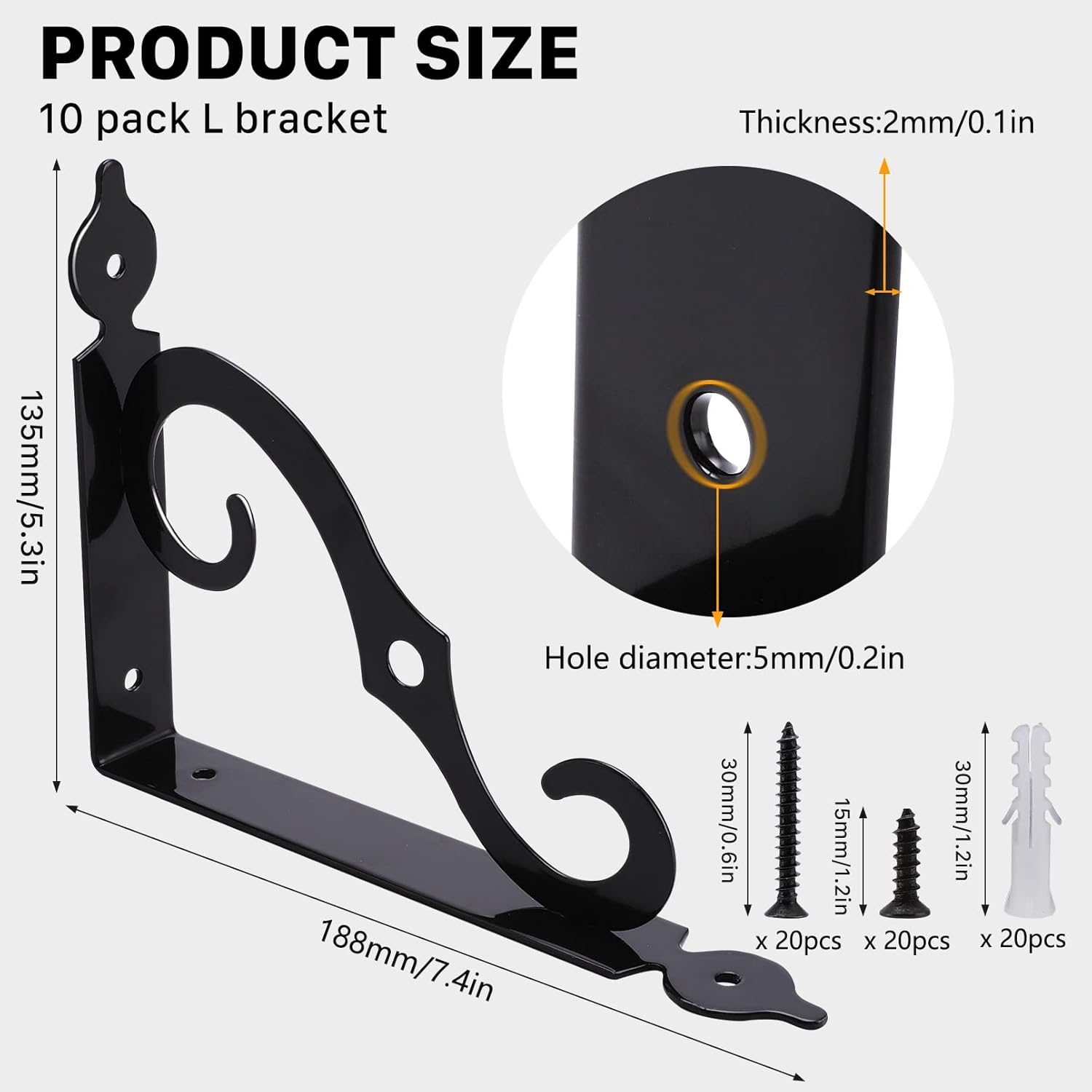 10 Pack Decorative Shelf Brackets,L Bracket for Shelves,7.4Inch Wall Mounted L Shape Shelf Bracket,Heavy Duty Shelf Brackets Metal Corner Brace Right Angle Bracket Shelf Support with Screws,Black