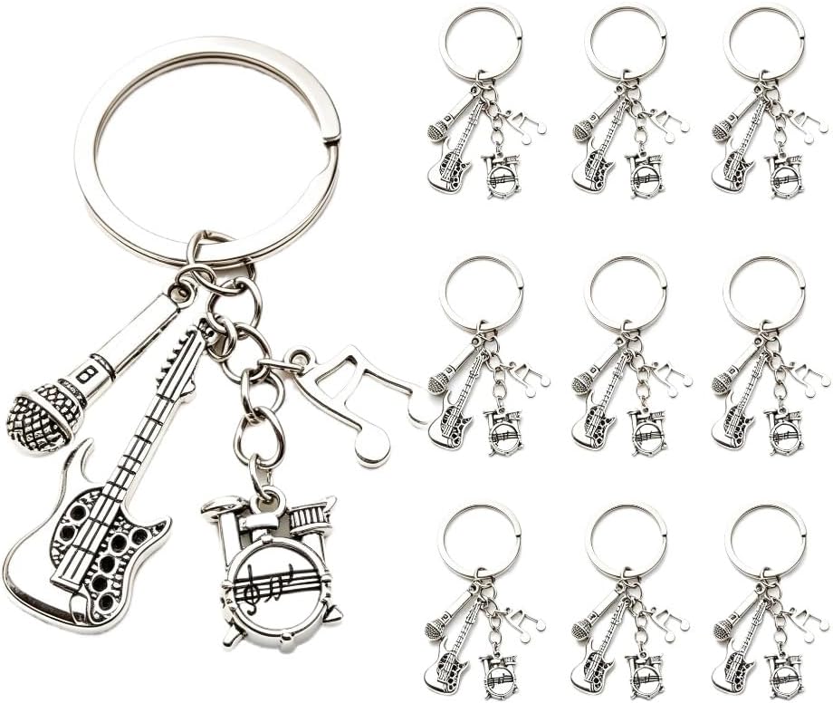 10 Pcs Antique Silver Music Keychain Set - Guitar, Microphone & Drum Charms with Music Note Pendant, Retro Instrument Key Rings for Bags & Car Keys
