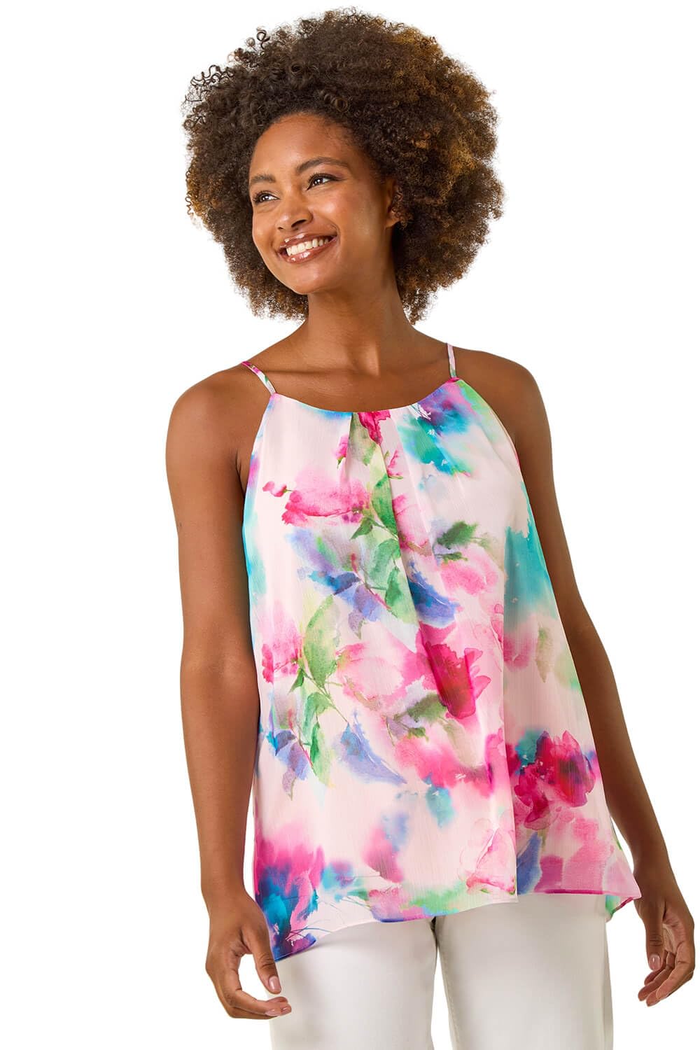 Roman Originals Women's Floral Pink Floral Print Chiffon Cami Top For Uk - Everyday Holiday Spring Summer Round Neckline Comfy Soft Evening Vacation Work Party - Size 12