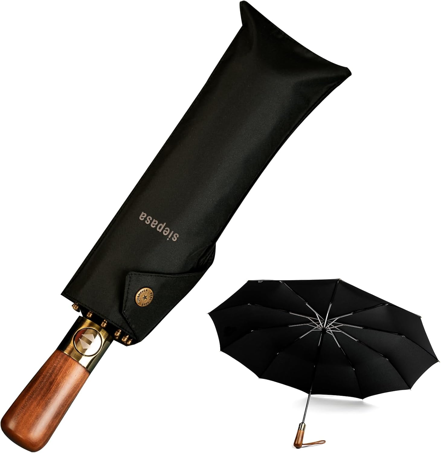 SIEPASA Large Travel Compact Umbrella-Automatic Superior Umbrellas for Rain-Compact Folding Umbrella, Travel Umbrella Compact, Large Portable Windproof Umbrellas with Real Wooden Handle, Black.