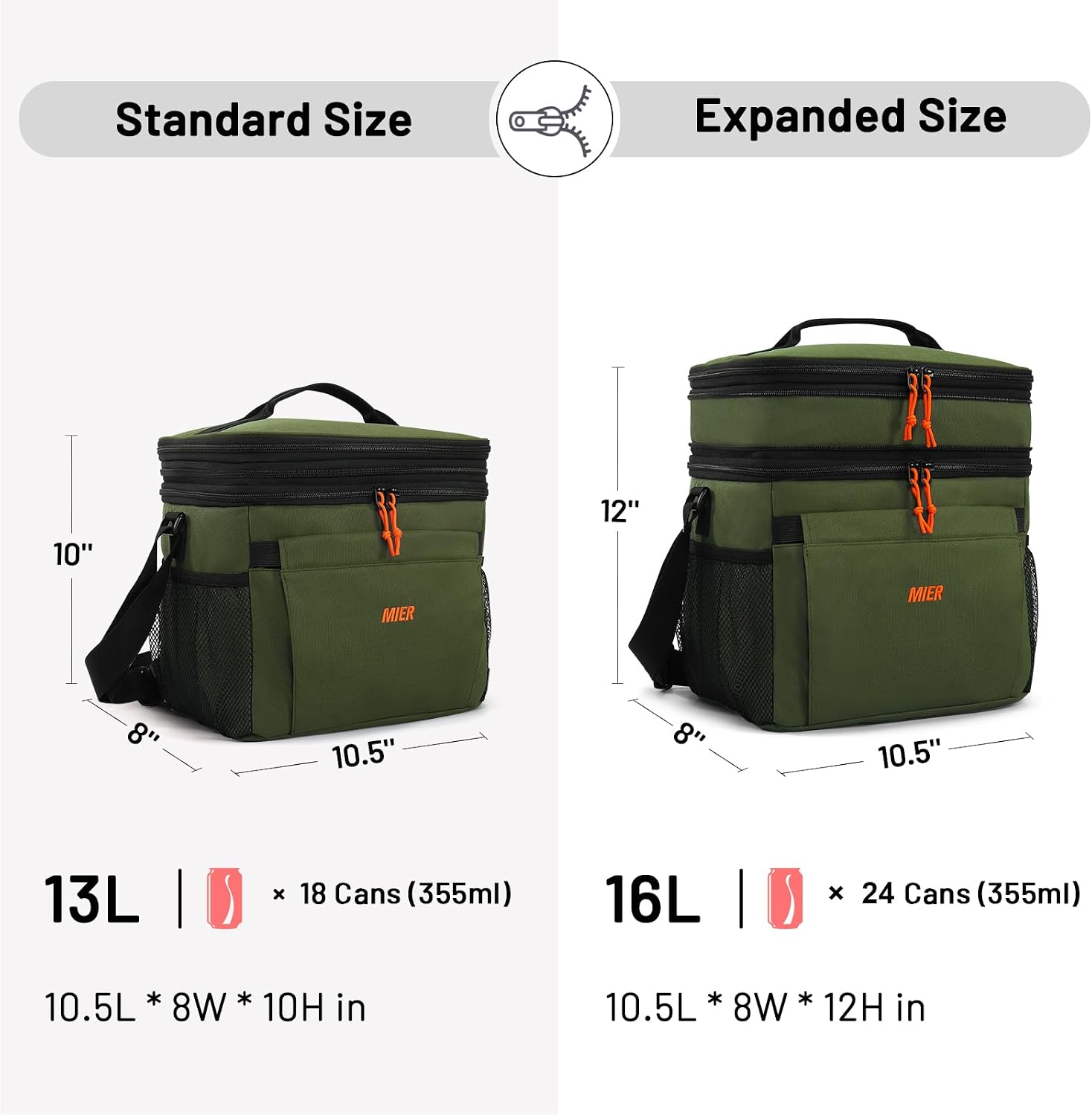 MIER Lunch Box for Men Expandable Insulated Dual Compartment Lunch Bag Leakproof Cooler Bag with Front and Back Pockets for Adult Work Travel Picnic Beach, Army Green