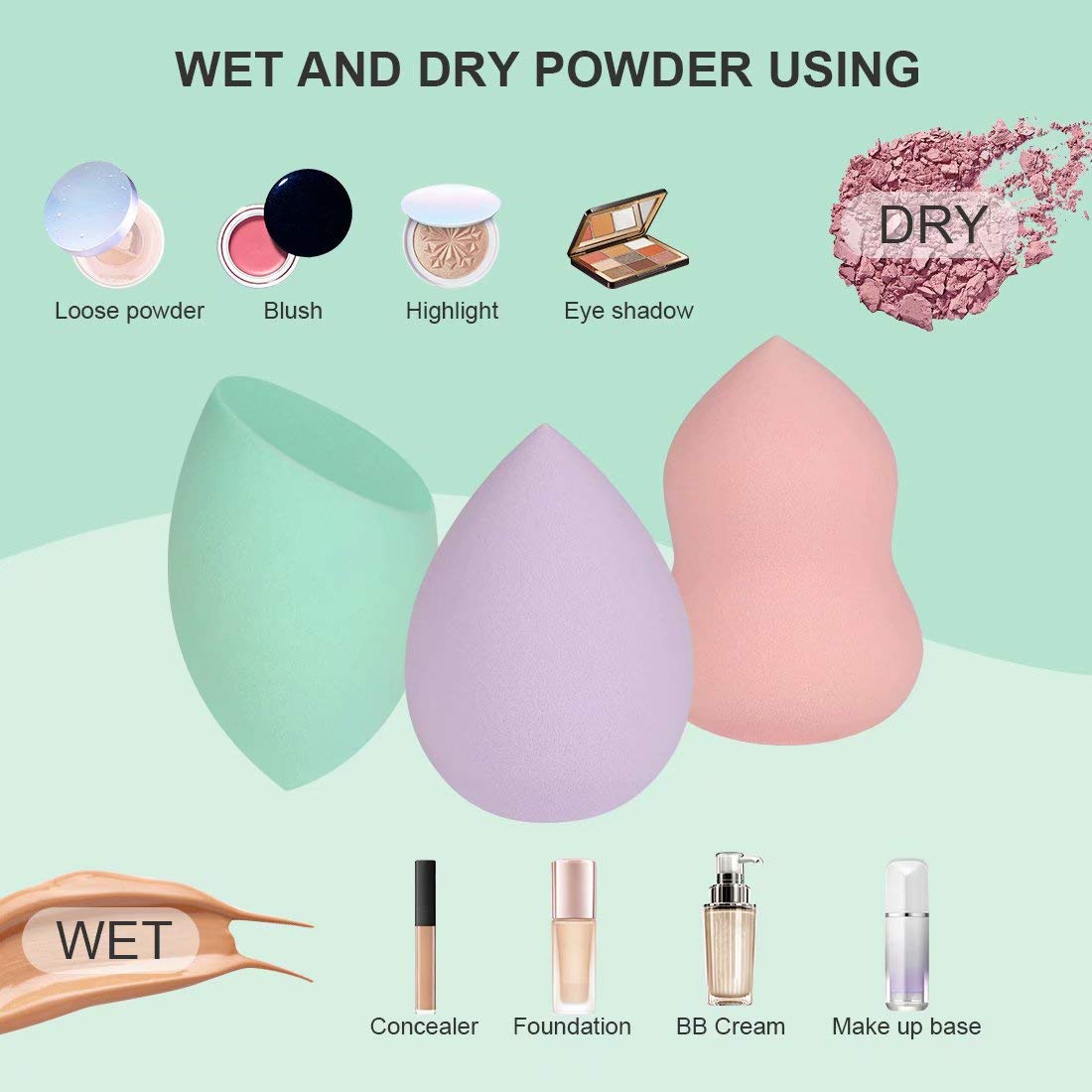 Makeup Sponge, Dry Wet Dual-Use Sponge Set,3 Practical Shapes Latex-free Flawless for BB Cream, Liquid Foundation(6Pcs)