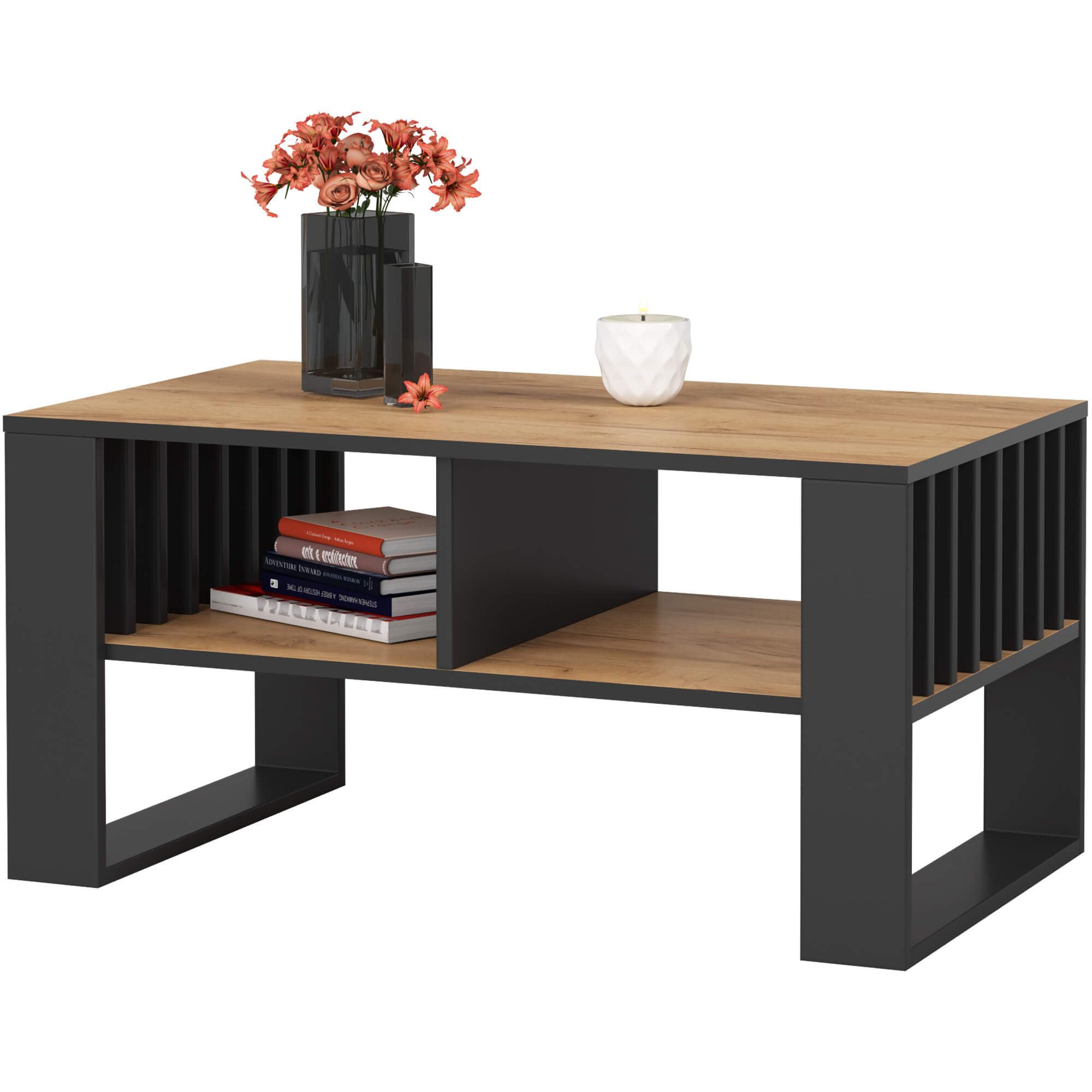 AKORD | Tavolino da Salotto in Legno - ROCKFORD | Tavolo da Caffè con gambe un Ripiano | Coffee Table | Tavolini Basso Moderno | Arredamento Casa | 92 x 45 x 53 cm | Rovere Artigianale & Nero