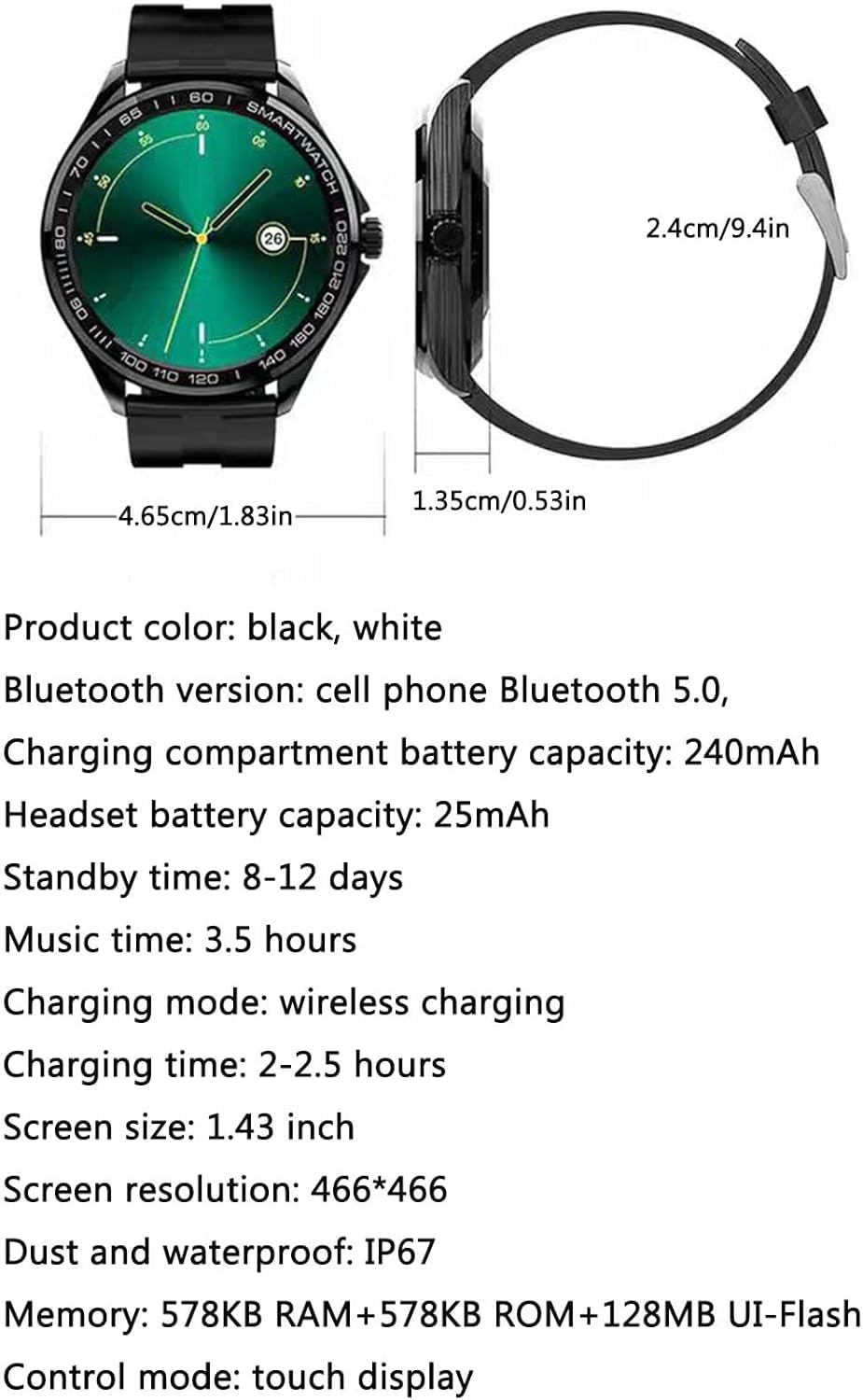 Inteligentny zegarek z słuchawkami, 2 na 1 smartwatch ze słuchawkami, kombinacja 1.43 ”ekran HD Smart Watch i wkładki douszne na Androida iOS, z otrzymanym połączeniem, rekordem ćwiczeń moni