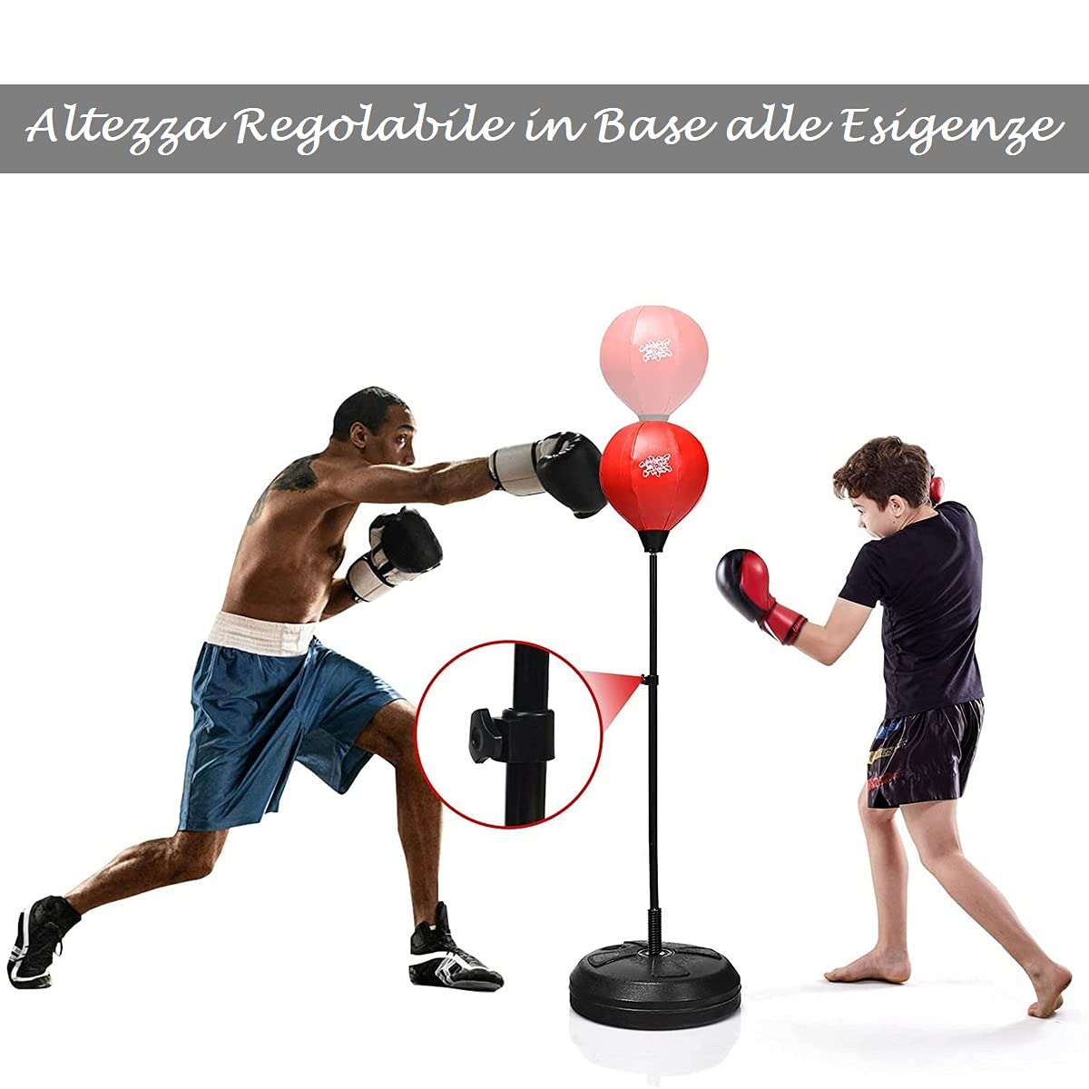 GYMAX Punching Ball da Terra per Adulti e Bambini, Sacco da Boxe con Guanti e Altezza Regolabile, Palla di Pugilato con Base Stabile