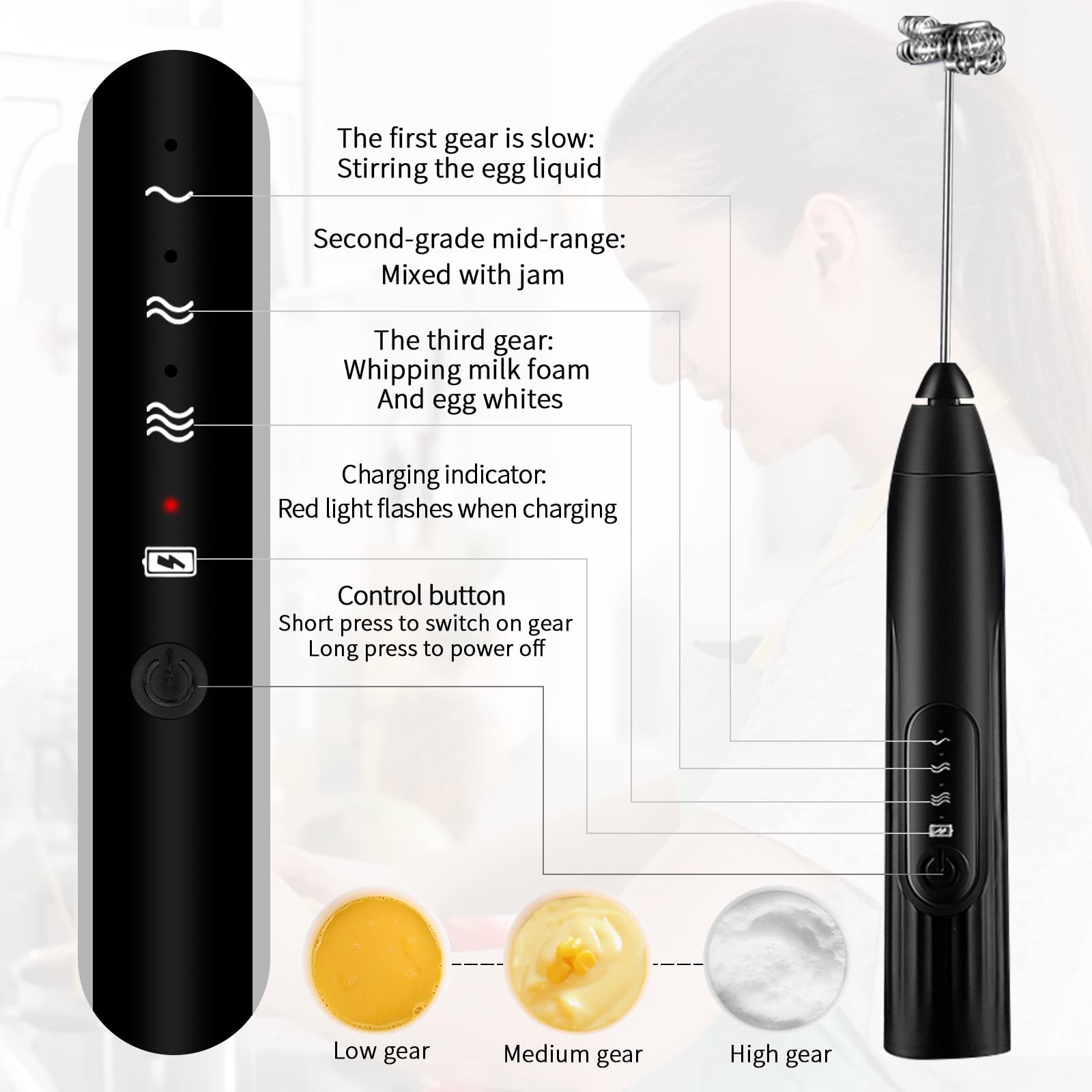 Montalatte Elettrico USB Ricaricabile - Con 2 Fruste In Acciaio Inox - 3 Velocità Per Cappuccino E Frullati - Foto 4