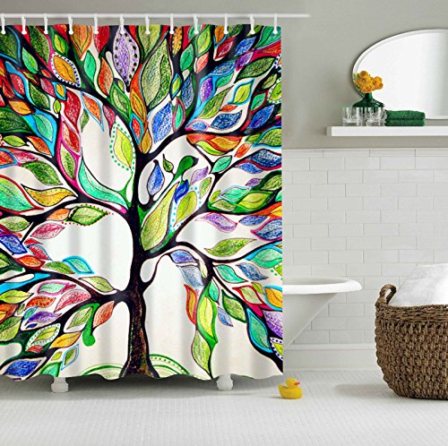 StoneMaxi 180x180cm Bathroom Shower Curtain, 100% Polyester Fabric Waterproof Anti-Mould Proof Mildew Resistant, Washable, Quick-Drying, with 12 Pcs Hooks (72 x 72 Inch) (Colourful Tree)