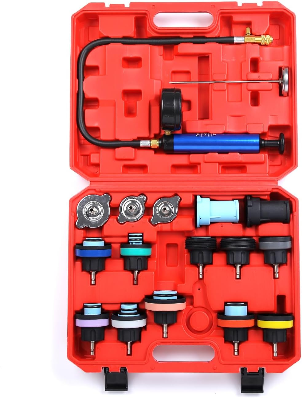 18pcs Universal Radiator Pressure Tester Kit, Coolant Vacuum Refill kit，Coolant Pressure Tester Kit with Manual Pump and Color-Coded Test Caps (red)