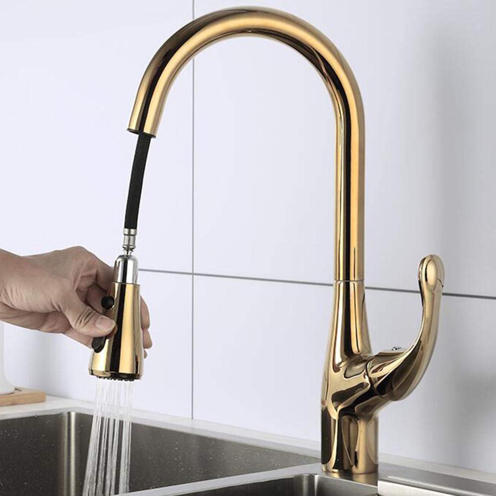 ZYCHSJXA Kitchen Sink Tap with Pull Down Sprayer Gold Taps Brass Hot and Cold Retractable Rotating Faucet 2 Modes Single Hole