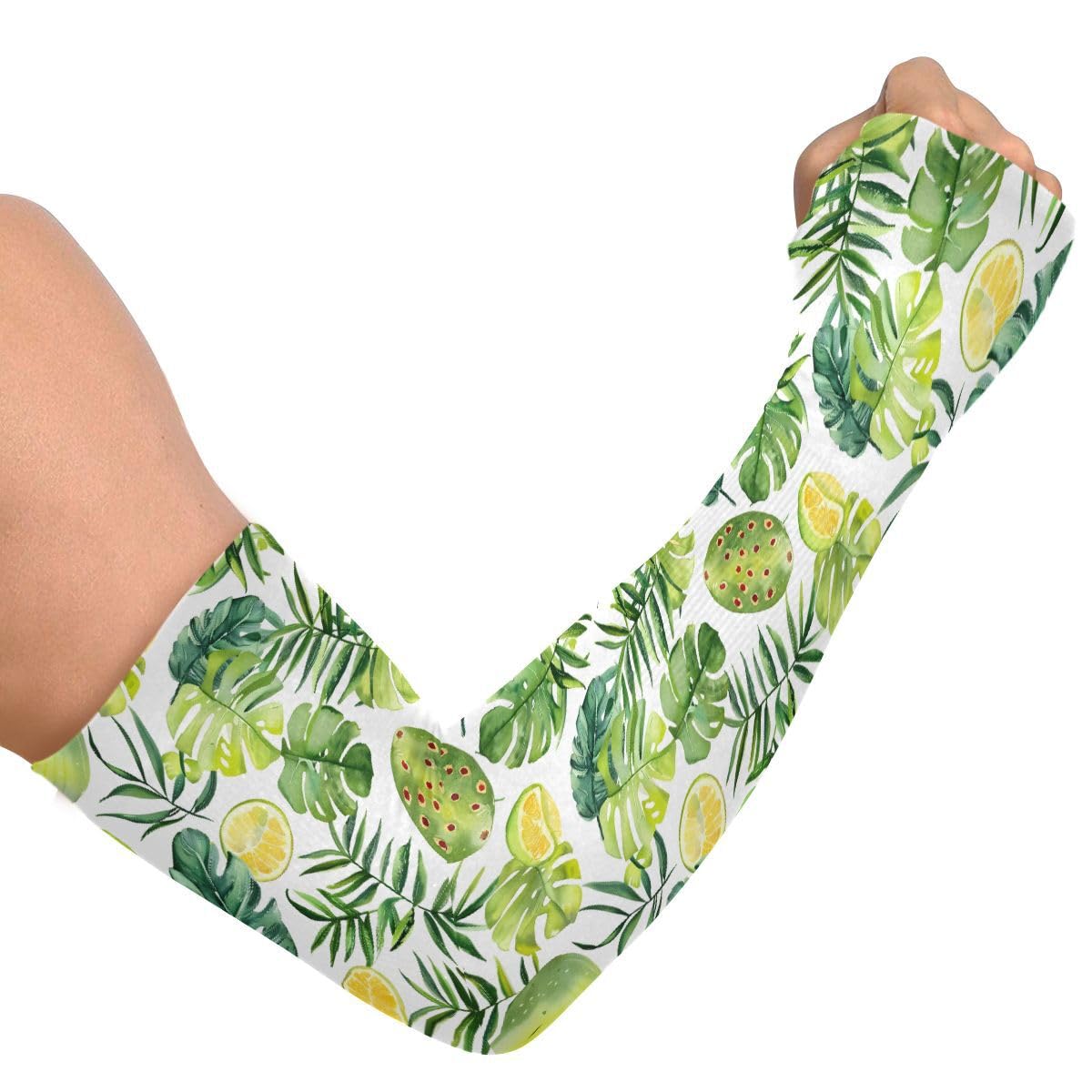 ALAZA Watercolor Green Tropical Cactus Palm Leaves Gardening Sleeves Cooling Arm Sleeves Sun Protection Thumb Hole Arm Covers for Women Men