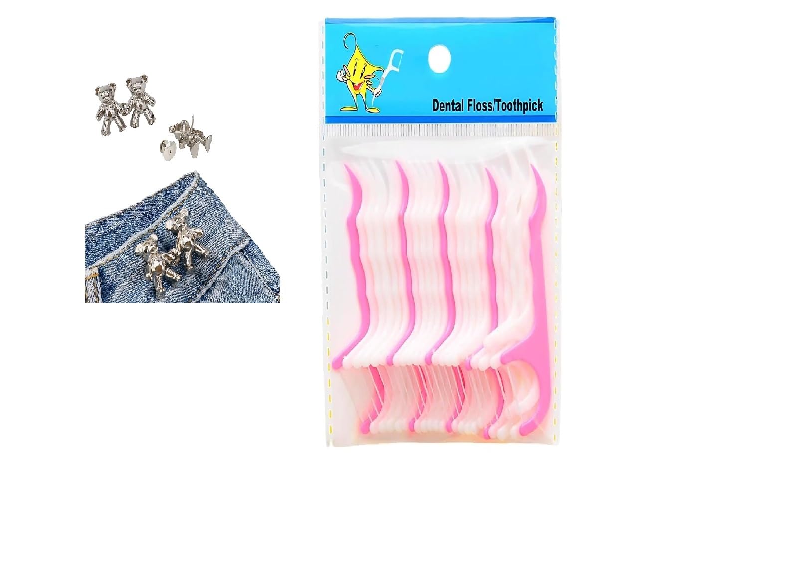 M.F.H 3 in 1 Tooth Cleaning Dental Floss Toothpicks Plastic Set for Clean Teeth 50 Piece AND Detachable Jeans Button Cute Bear Button Pins for Jeans Waist Buckle Loose (PACK OF 2) COMBO-image-39