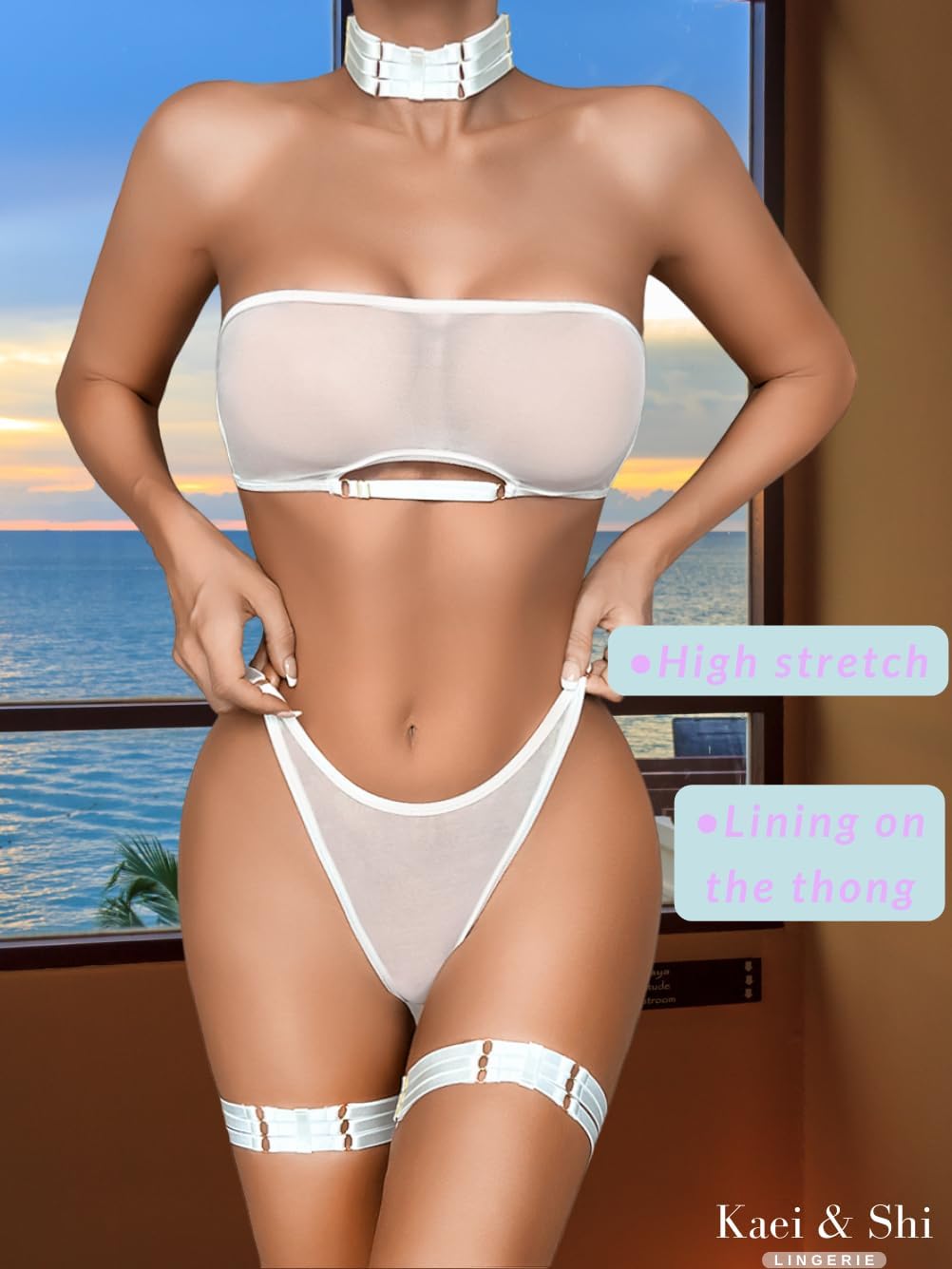 Kaei&Shi Sheer Mesh Lingerie Set, Sexy Bra And Panty 4PC, Strapless Choker