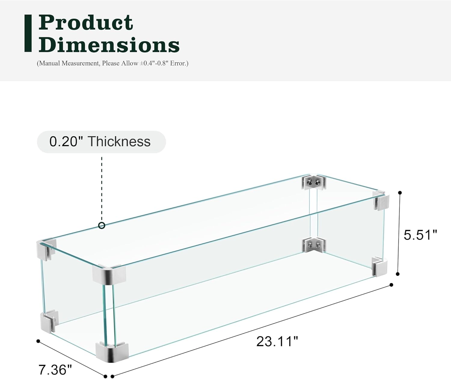 OVIOS Fire Pit Wind Guard for Rectangular Fire Table, Clear Tempered Glass Flame Shield with Aluminum Corner Bracket, Thick Glass Shield for Firepits, 23.11" x 7.36" x 5.51"