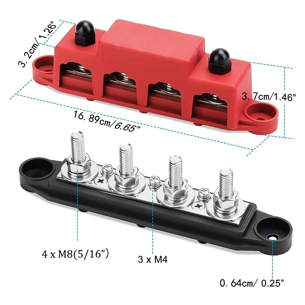 Bloc de distribution d'alimentation Repartiteur pour barre de bus 12 V-48 V DC, 4 bornes M8 (5/16'') 250 A pour voitures, camping-cars, bateaux, yachts (négatif et positif)
