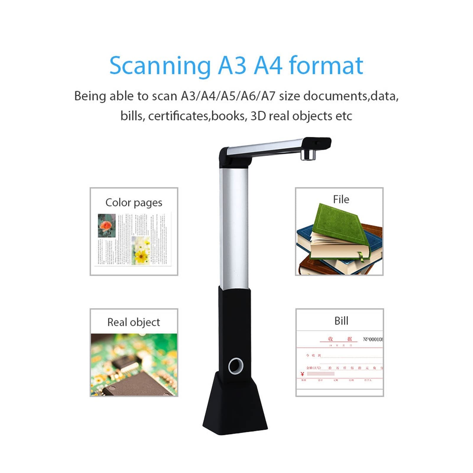 Scanner Portable, H1000 Portable Haute Vitesse 1 0MP 3672 * 2856 A3 A4 A5 Document Pdf Livre Photo identifiant Visualisateur de Scanner caméra vidéo Carte OCR