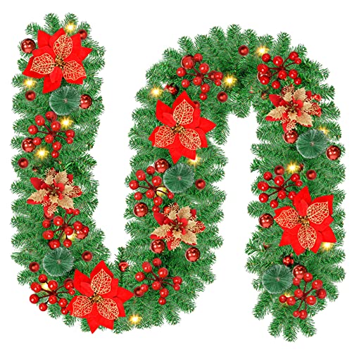 9FT Christmas Garland with 30 LED Lights, Vothen Prelit Artificial Christmas Garland Decorations with Red Flowers,Balls, Berries, Greenery Xmas Garland for Indoor Stairs Mantle Fireplace Decor 2.7M - Image 7
