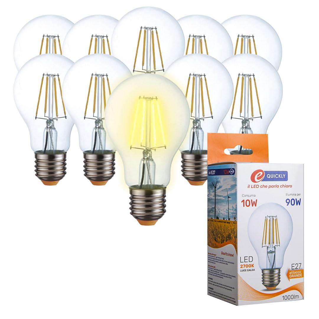 Lampadine Led E27 luce calda - 10W equivalenti 90w, 1000 lumen, Lampadina luce led calda 2700k, Lampada attacco grande, lampadina led e27 vintage, lampadine led filamento e27, 10 PZ