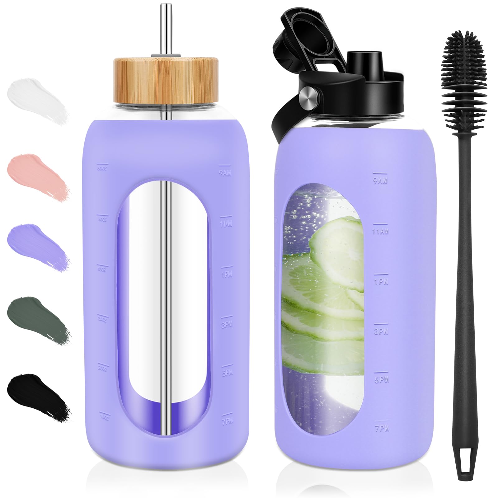 FULBEVY Botellas de agua de vidrio de 64 onzas – Botella de agua motivacional grande de medio galón con marcador de tiempo – Botella de agua de vidrio con popote, funda de silicona, 2 tapas, boquilla