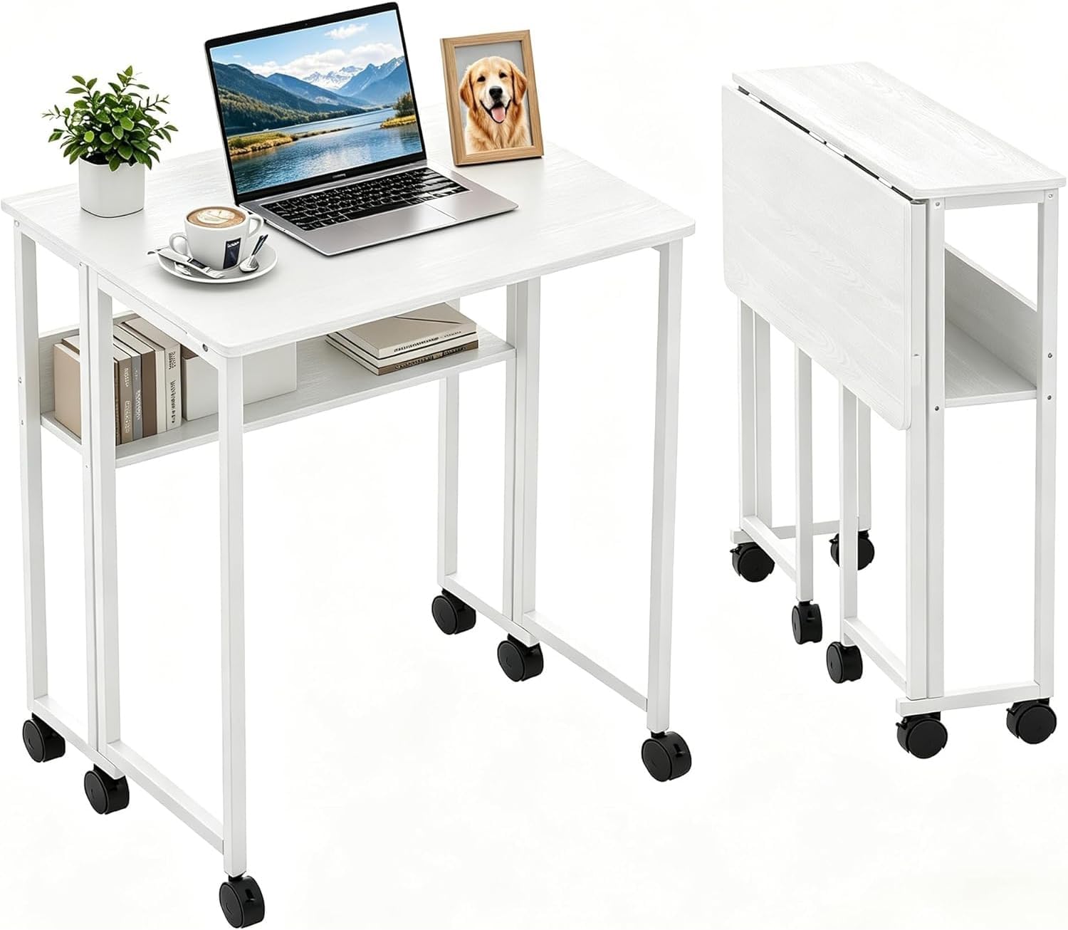 Folding Computer Desk with Wheels – 31.5 Inch Compact Small Space Desk for Home Office, Folding Table with Storage Shelf, Mobile Study Desk for Bedroom & Dorm, Easy Assembly, Oak
