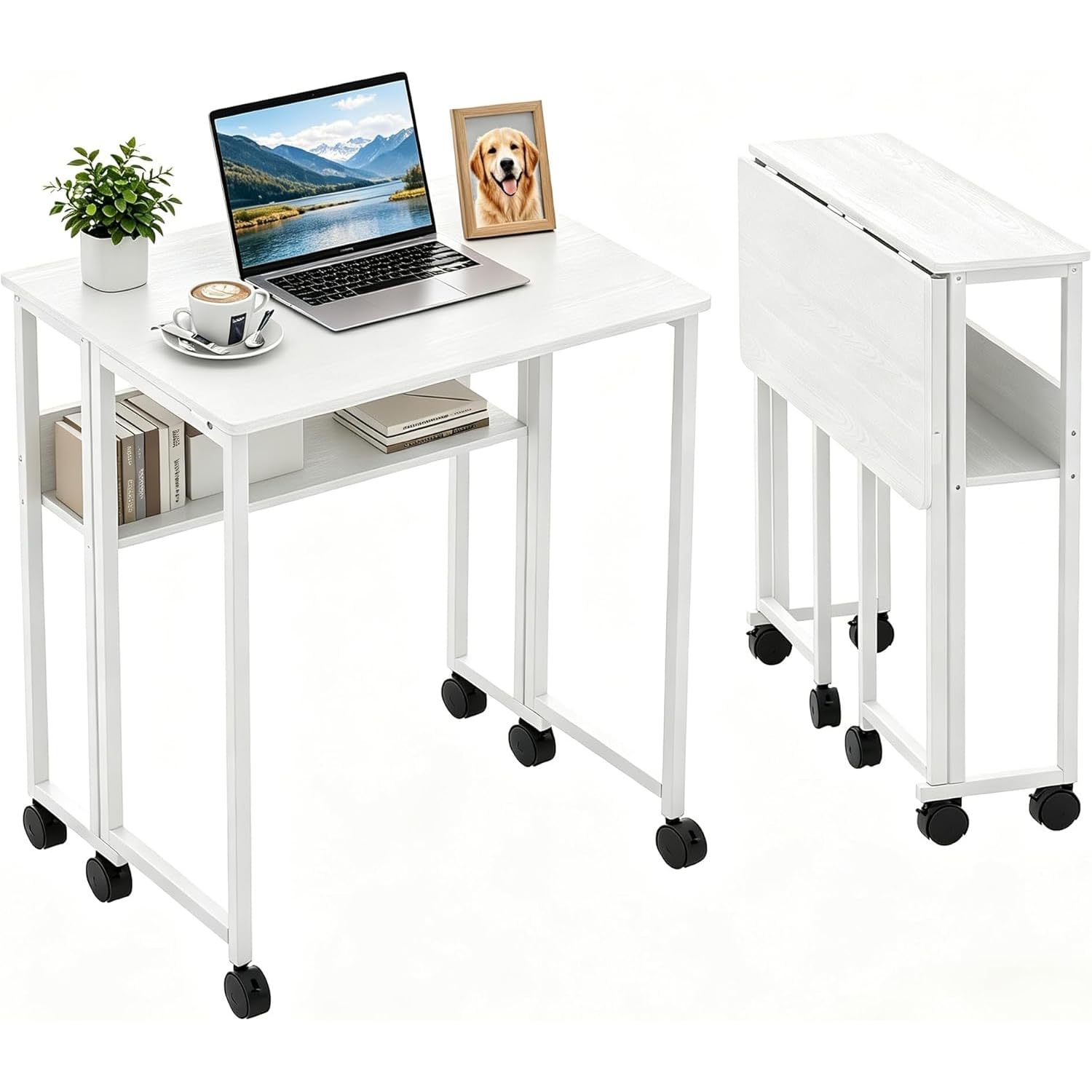Garvee Escritorio Plegable - Mesa Escritorio 24.8 Pulgadas, Material Ecológico de Calidad, Multifunción con Almacenamiento, Móvil y Compacto, Soporte 135 Libras, Color Blanco