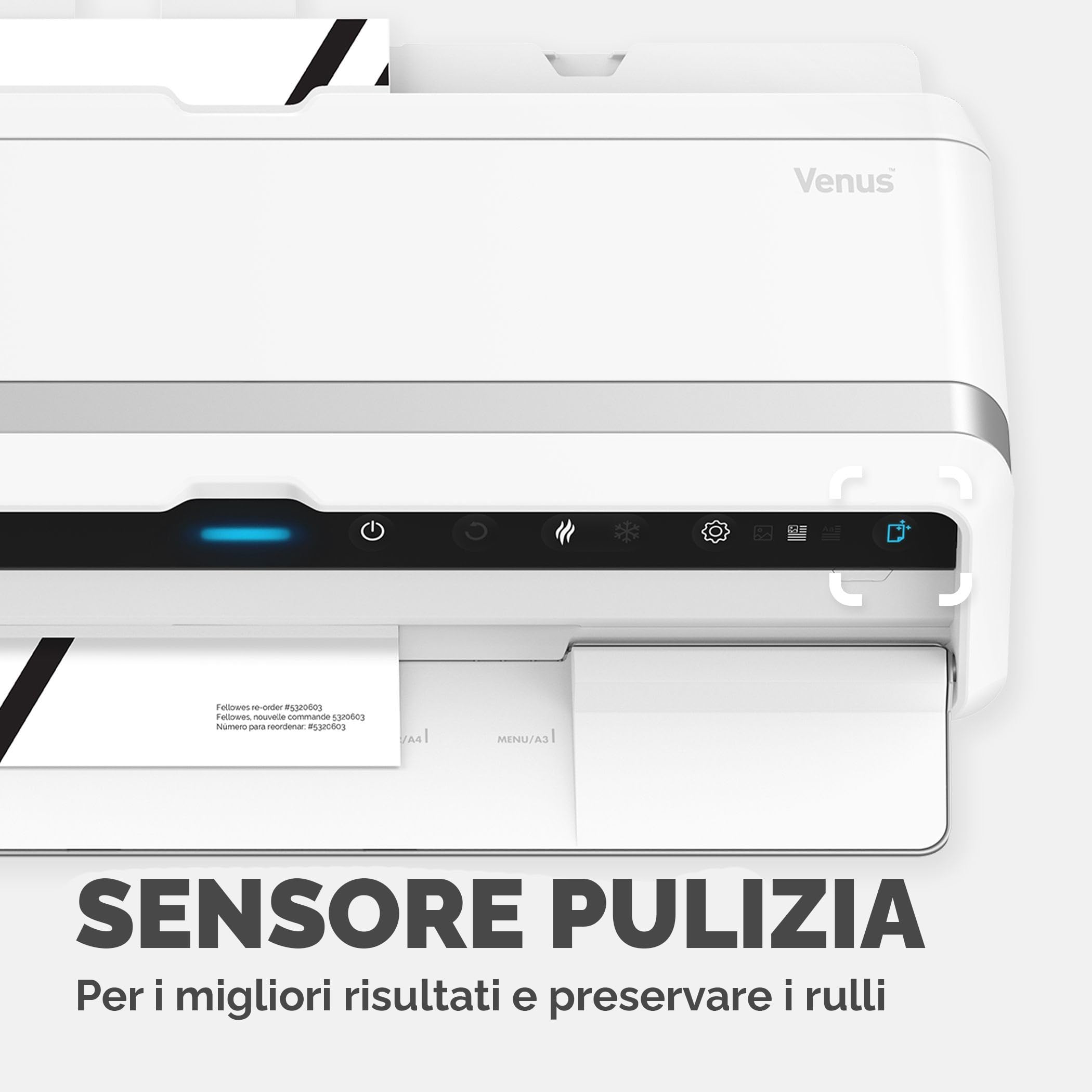 Fellowes plastificatrice a caldo Venus A3, formato A3, fino a 250 micron, per ufficio, riscaldamento rapido, con retromarcia e modalità riposo, colore bianco, incluso starter pack di 10 pouches