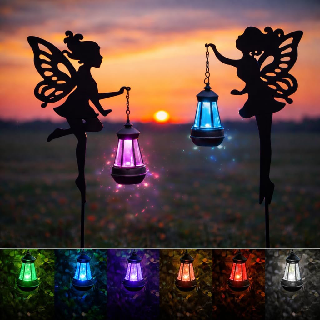 Solar Fairy Garden Lights Outdoor – Spring Decorations Yard Ornaments, Color-Changing LED Fairy Statue with Lantern, Solar Powered Garden Stakes for Patio, Lawn & Pathway Decor (Set of 2)