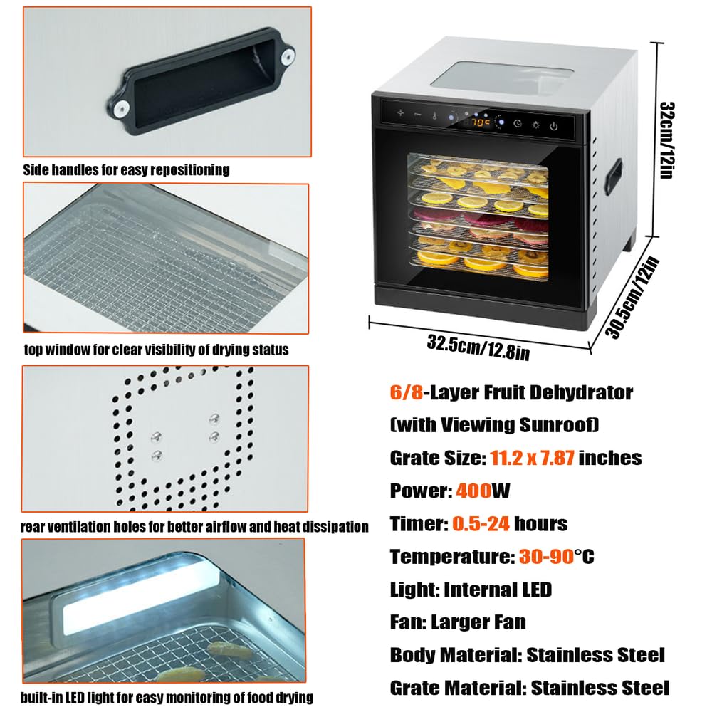 Deshidratador de alimentos con 6 bandejas espacio de secado de 3.6ft²Bandejas de acero inoxidable de 400W Secado rápido(86°F-194°F) Ideal para cecina,golosinas para perros,hierbas,carne,frutas