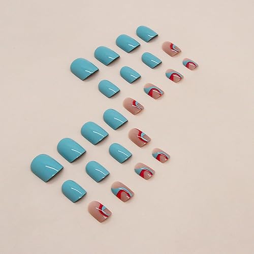 Miniatura 3 de Uñas postizas cuadradas cortas a presión, uñas postizas azules con diseño de ondas rojas, uñas adhesivas de cobertura completa, uñas acrílicas