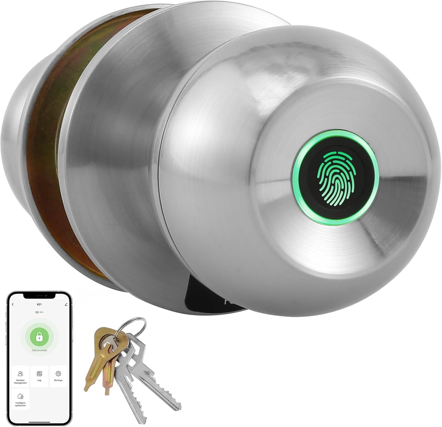 Smart Door Knob, Fingerprint Door Lock with 3 Keys, Keyless Entry Door