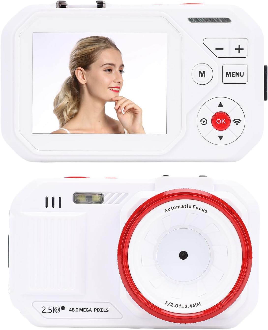 Front and back view of the PUSOKEI Digital Camera with a person on the screen