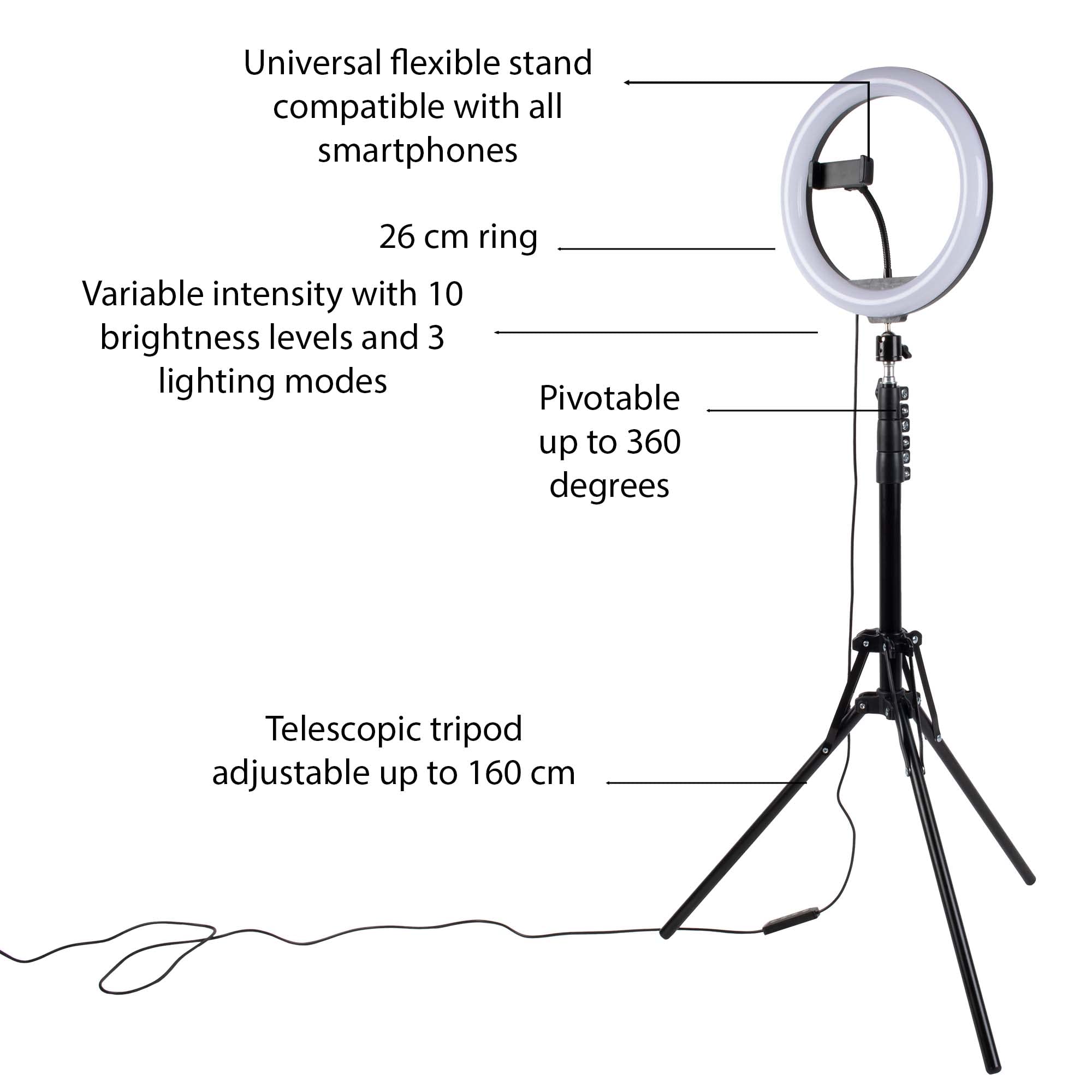 Konix Geek Star Anello luminoso con treppiede LED Ring Light Stand Quartz 26 cm per smartphone - Treppiede telescopico - Telecomando incluso