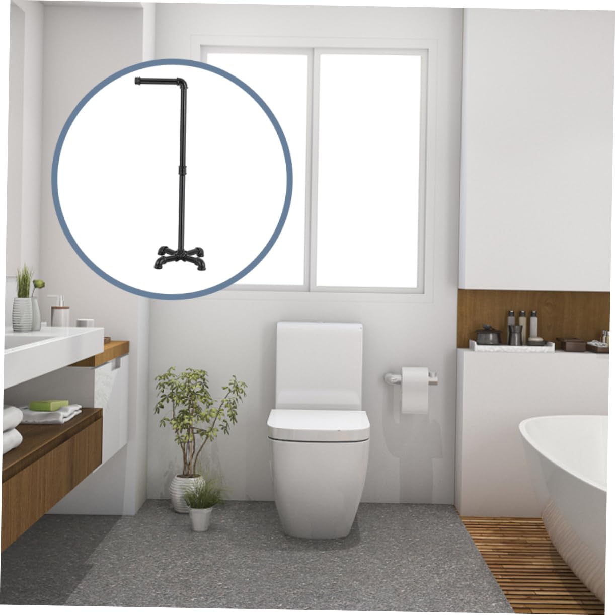 Portarotolo da Terra in Ferro Nero, Design Verticale Stile Vintage Industriale, per Bagno, Ampio Spazio di Appoggio e Facile Accesso alla Carta Igienica