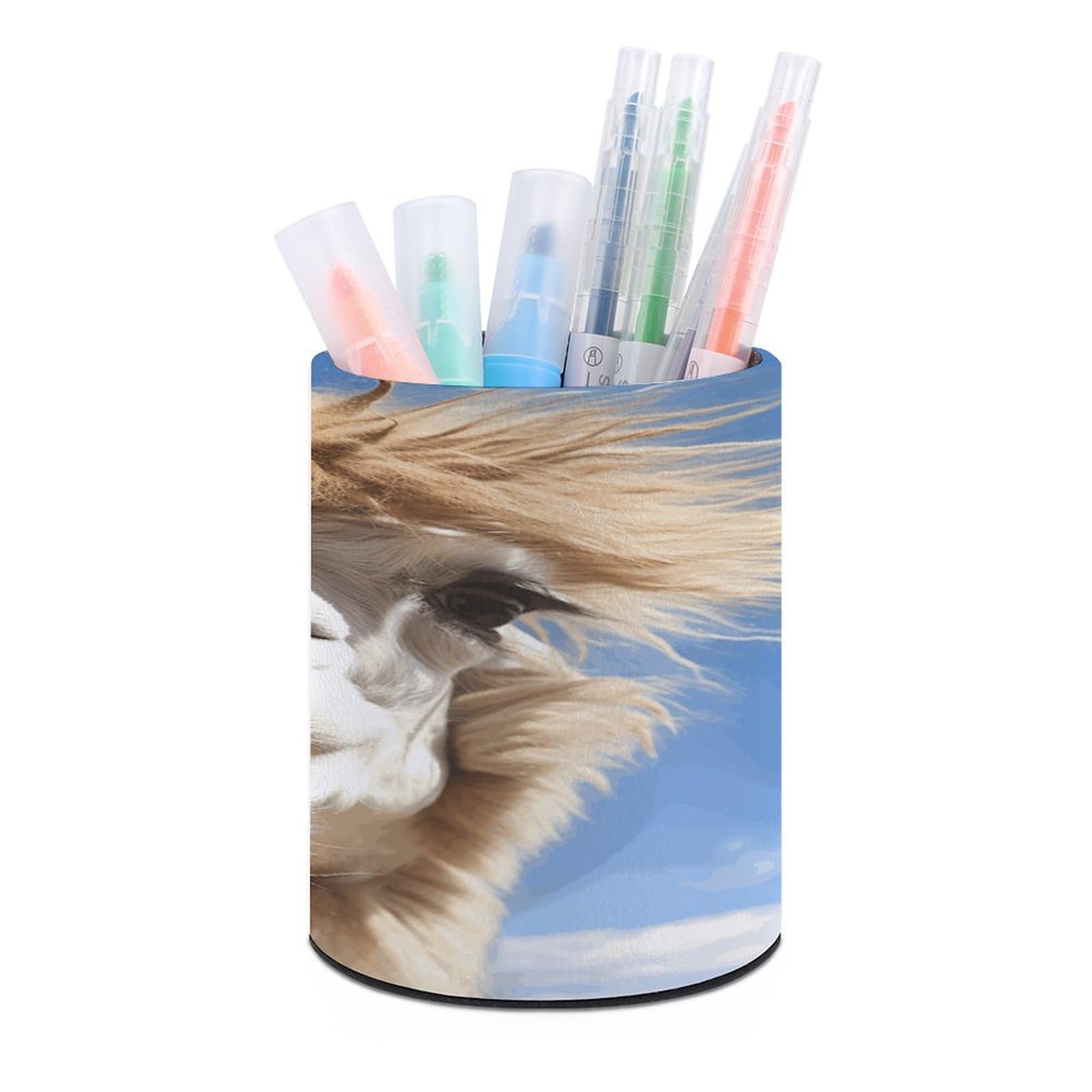 VstaDank Funny Alpaca Llama Pen Holder Leather Pencil Cup Round Pencil Holder for Desk Organizer Personalized Pen Cup Fashion Pen Organizer Makeup Brush Holders for Office Home&Gift