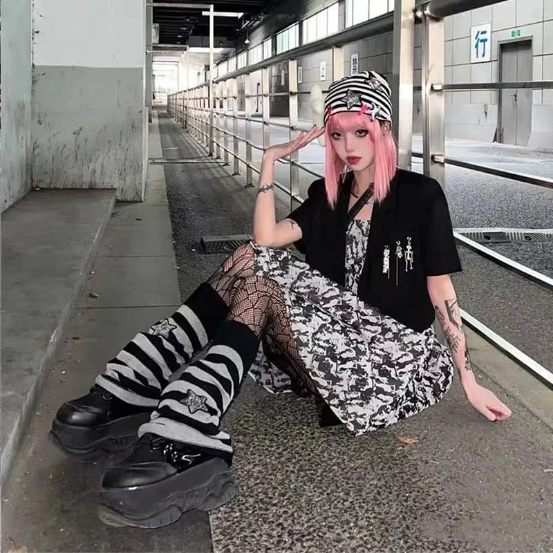 Women Girls Leg Warmers Y2k Star Skull Harajuku Gyaru Japanese Goth Leg Warmers Knit Striped Long Leg Cover4