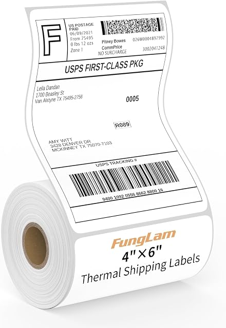FungLam 4-x6-- Des étiquettes d'expédition thermique directe, papier d'étiquetage thermique perforé, 250 Etiquettes/Roll, compatibles avec JADENS, iDPRT,MUNBYN et des imprimantes Rollo
