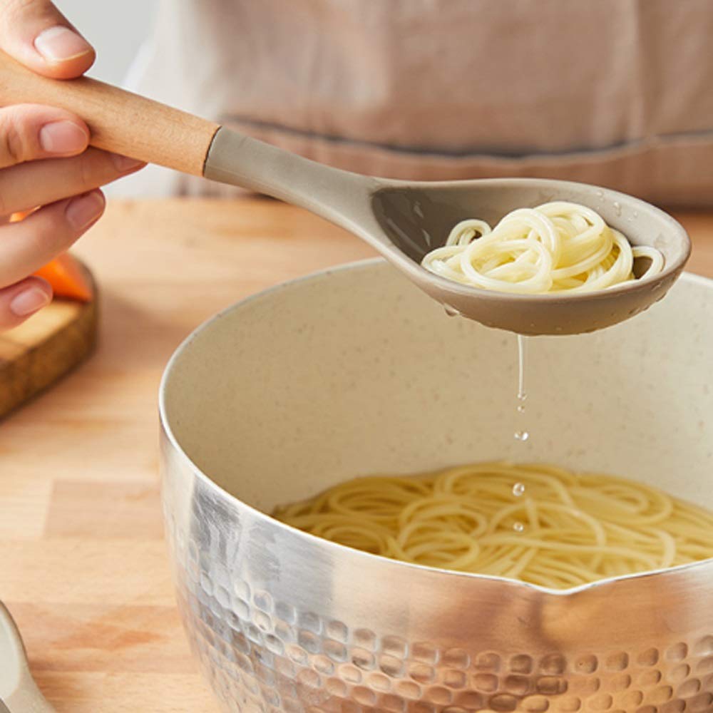 SKUZA Juego de Utensilios de Cocina, Pala de plástico, Cuchara, Cuchara ranurada, Cuchara Antiadherente de Silicona de Grado alimenticio, Mango de Madera de Haya, Juego de Cuchara y Cuchara