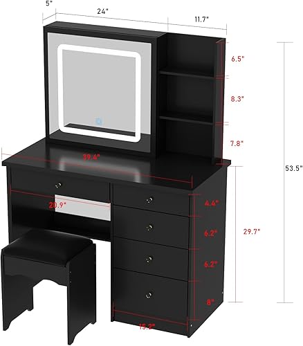 Miniatura 8 de Homsee Juego de escritorio de tocador con espejo grande iluminado deslizante, tocador con 5 cajones, estantes de almacenamiento y taburete acolchado