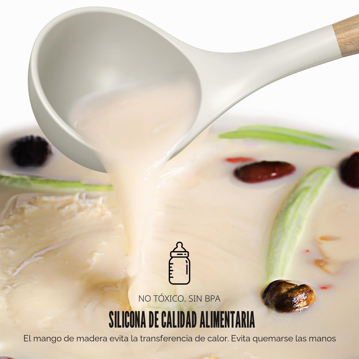 Juego de utensilios de cocina de silicona resistentes al calor para cocinar hasta 230°C, juego de espátulas con asas de madera y soporte, sin BPA, para utensilios de cocina antiadherentes, color caqui