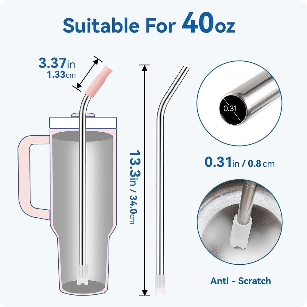 Metall-Trinkhalme mit Silikonspitze für Stanley-Becher, wiederverwendbare Trinkhalme für 1,2 l Becher, 3 biegsame 33,8 cm und 3 schwarze Silikon-Trinkhalme, 1 Reinigungsbürste