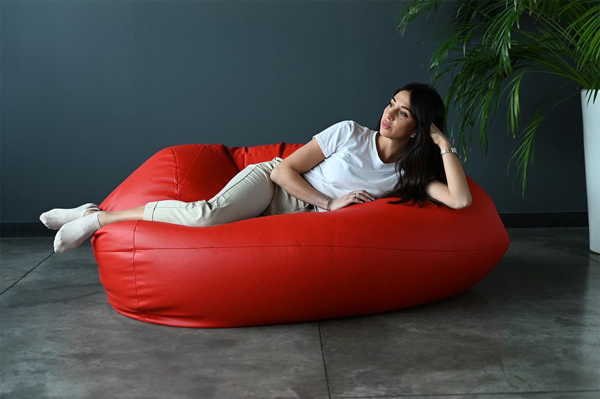 Pouf Sacco Gigante In Ecopelle - 140x100cm, Imbottitura Palline Polistirolo, Per Salotto E Camera, Colore Rosso - Foto 3