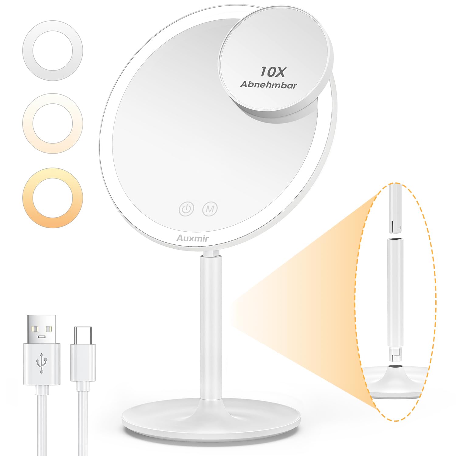 Auxmir Kosmetikspiegel mit Beleuchtung, Schminkspiegel mit Licht 10fach Vergrößerungspiegel, Wiederaufladbar 2000mAh, 3 Farben und Helligkeit Einstellbar, 8" Faltbarer Drehbar Tischspiegel für Reise