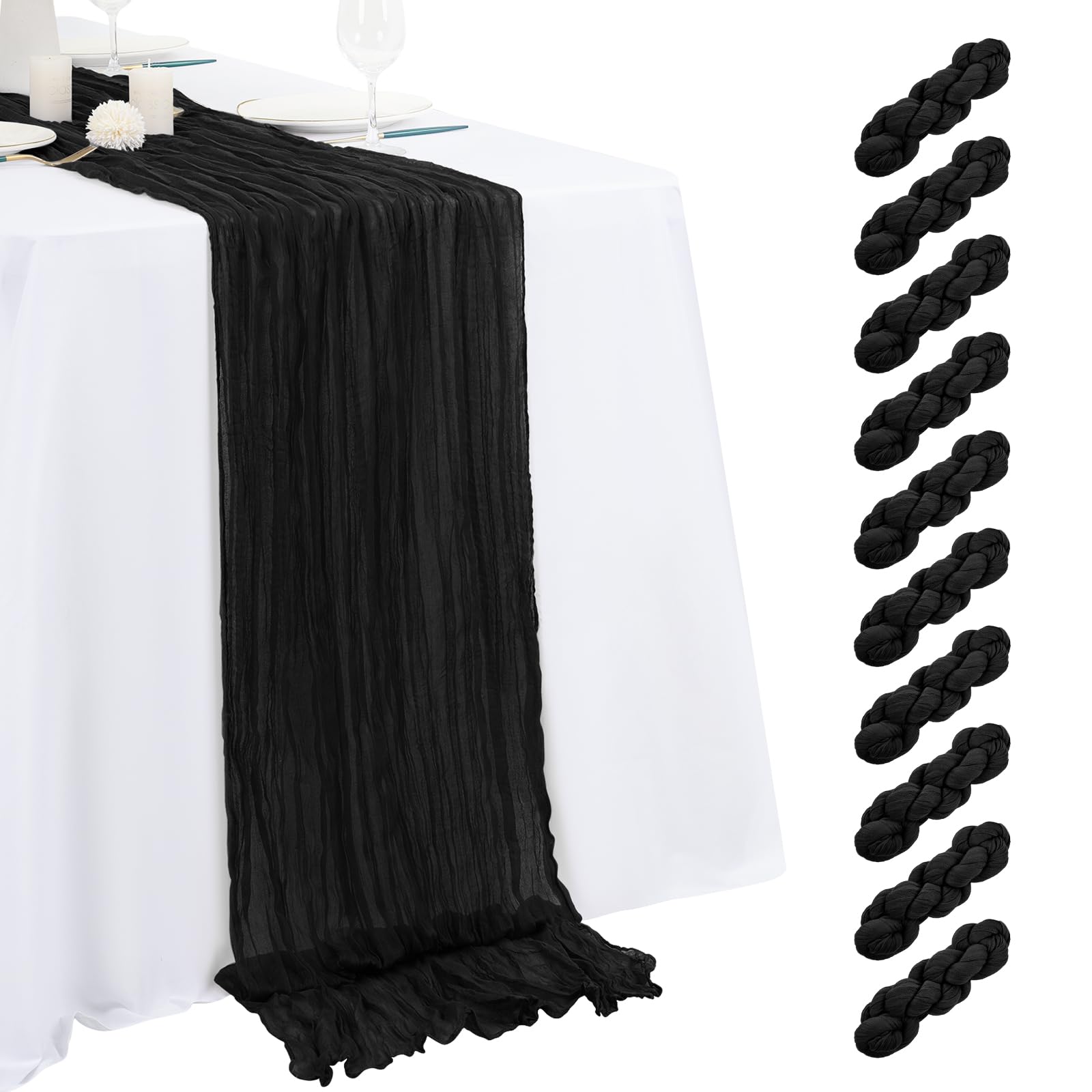 Photo 1 of 10 Pack Black Cheesecloth Table Runner 17x108 Inch Semi Sheer Boho Gauze Cheese Cloth Table Runners, for Wedding Bridal Shower Birthday Party Home Decor Garden Farmhouse