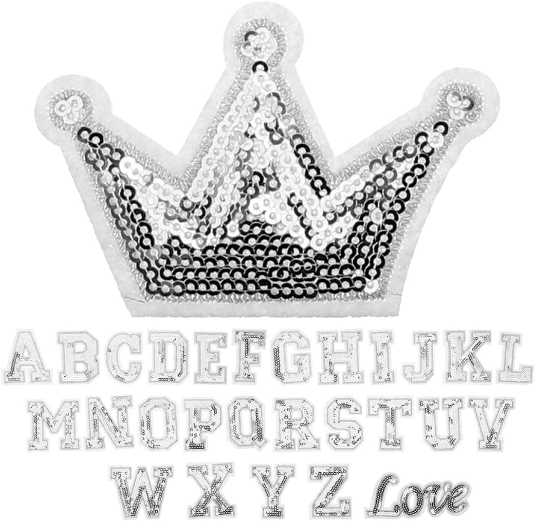 Amosfun 56pcs Embroidered Alphabet Iron-on and Sew-on Letter Patches Silver Sequins, A-z Letters for Hats, Jeans, Dresses, Socks, and DIY Accessories
