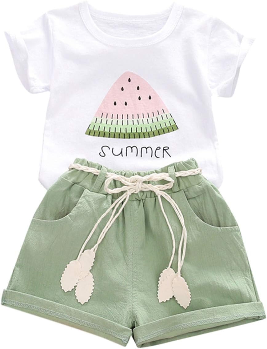 YOUNGER TREEToddler Baby Girls Clothes Watermelon T-shirt + Linen Shorts with Belt Cute Summer Short Set