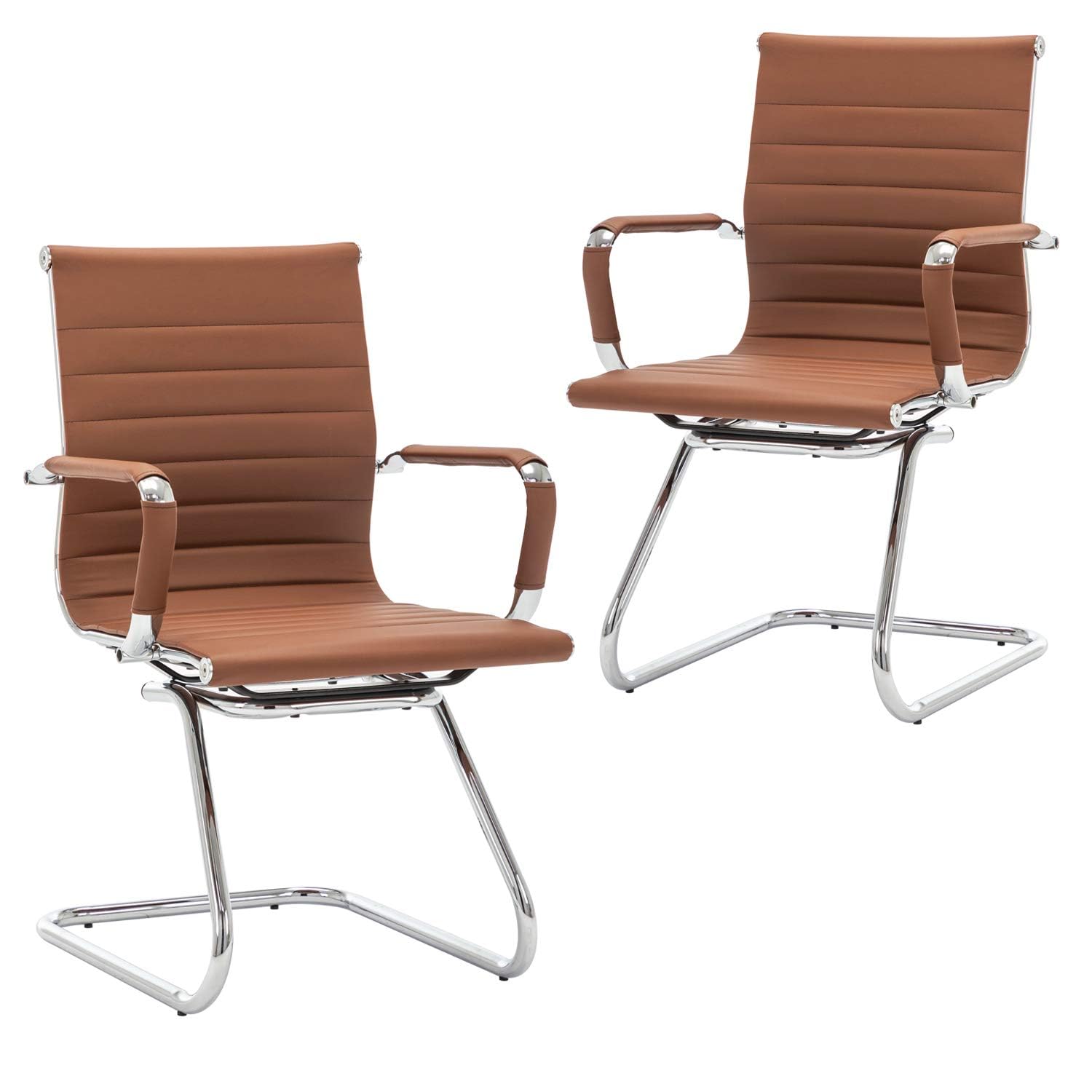 Conference Room Chairs Set of 2, Waiting Room Chairs with Arms, Faux Leather Reception Chairs No Wheels, Office Guest Chairs with Mid Back Support and Chrome Sled Base, Cafe