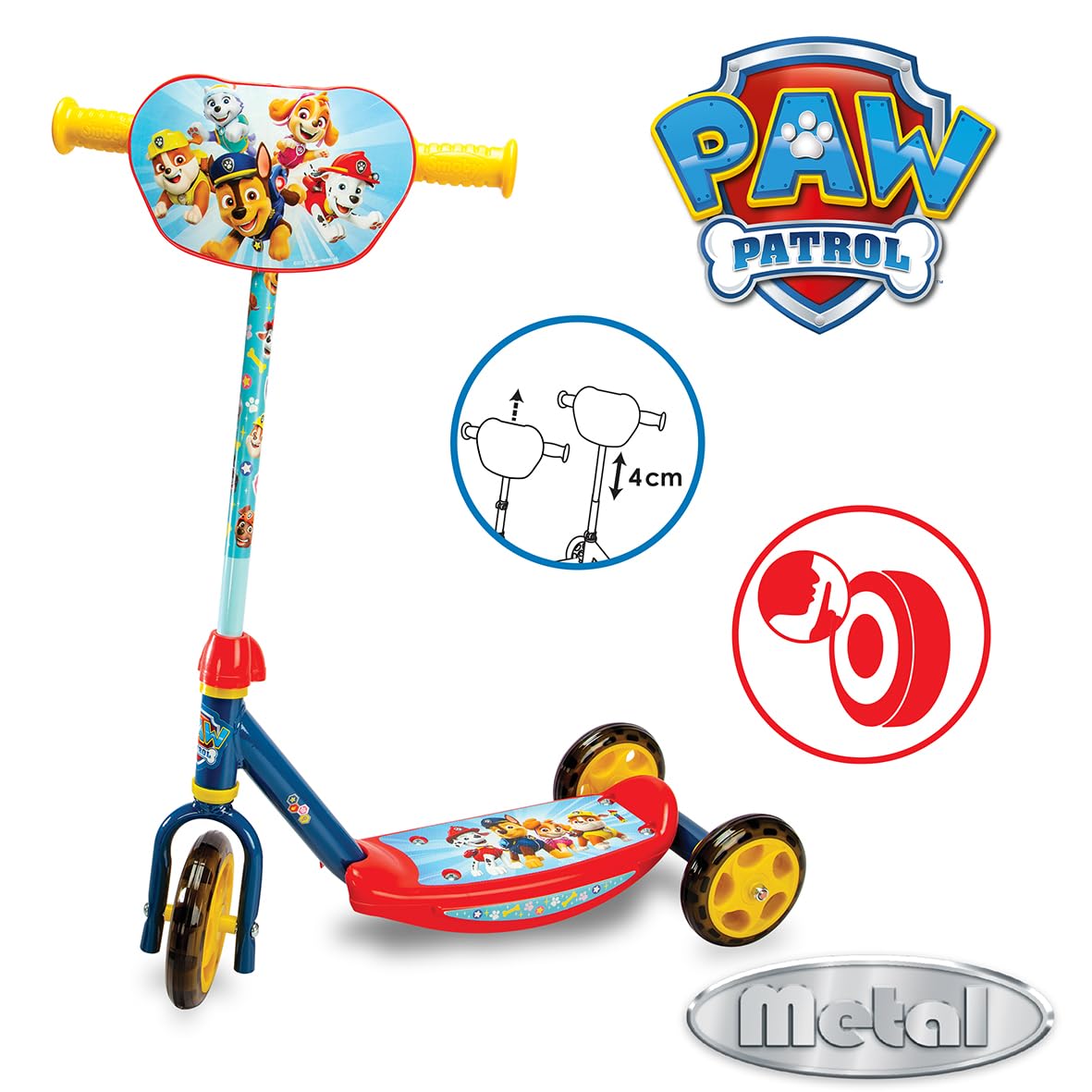 Smoby – Paw Patrol 3-Rad-Scooter – Kinderroller mit höhenverstellbarem Lenker & rutschfestem Trittbrett mit Motiv bis 20 kg, für Kinder ab 3 Jahren